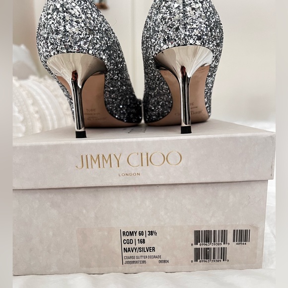 Jimmy Choo Romy 60 Silver and Blue Ombré Glitter Pointy Toe Pumps $190 - Picture 3 of 13